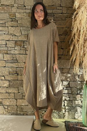 Salcombe Chalk Stripe Cotton Cocoon Dress Tan